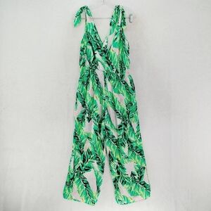 Ophelia Roe Green Tropical Leaf Pattern Sleeveless Summer Jumpsuit P6483